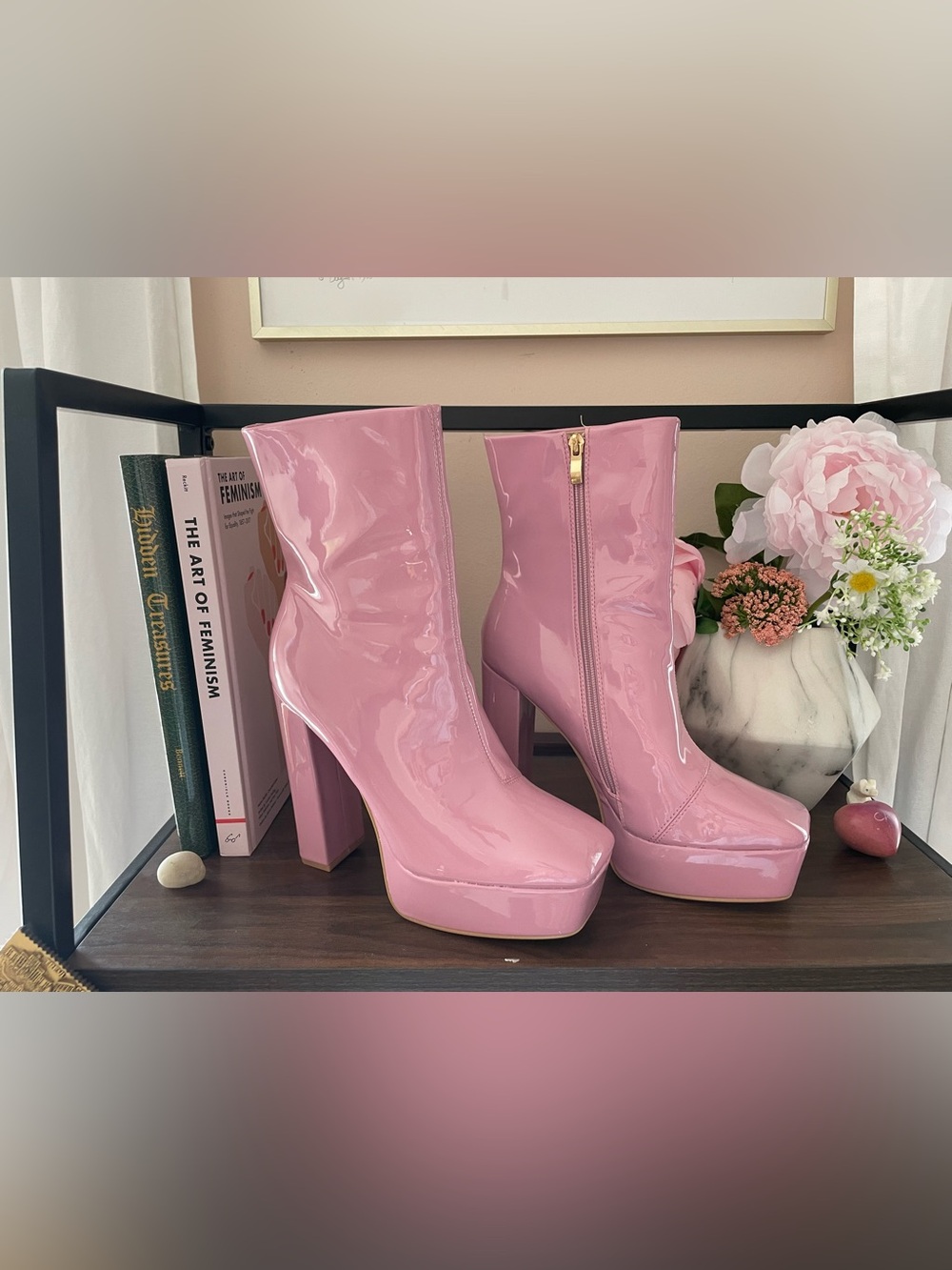 Pink Patent Platform Ankle Boots - Women